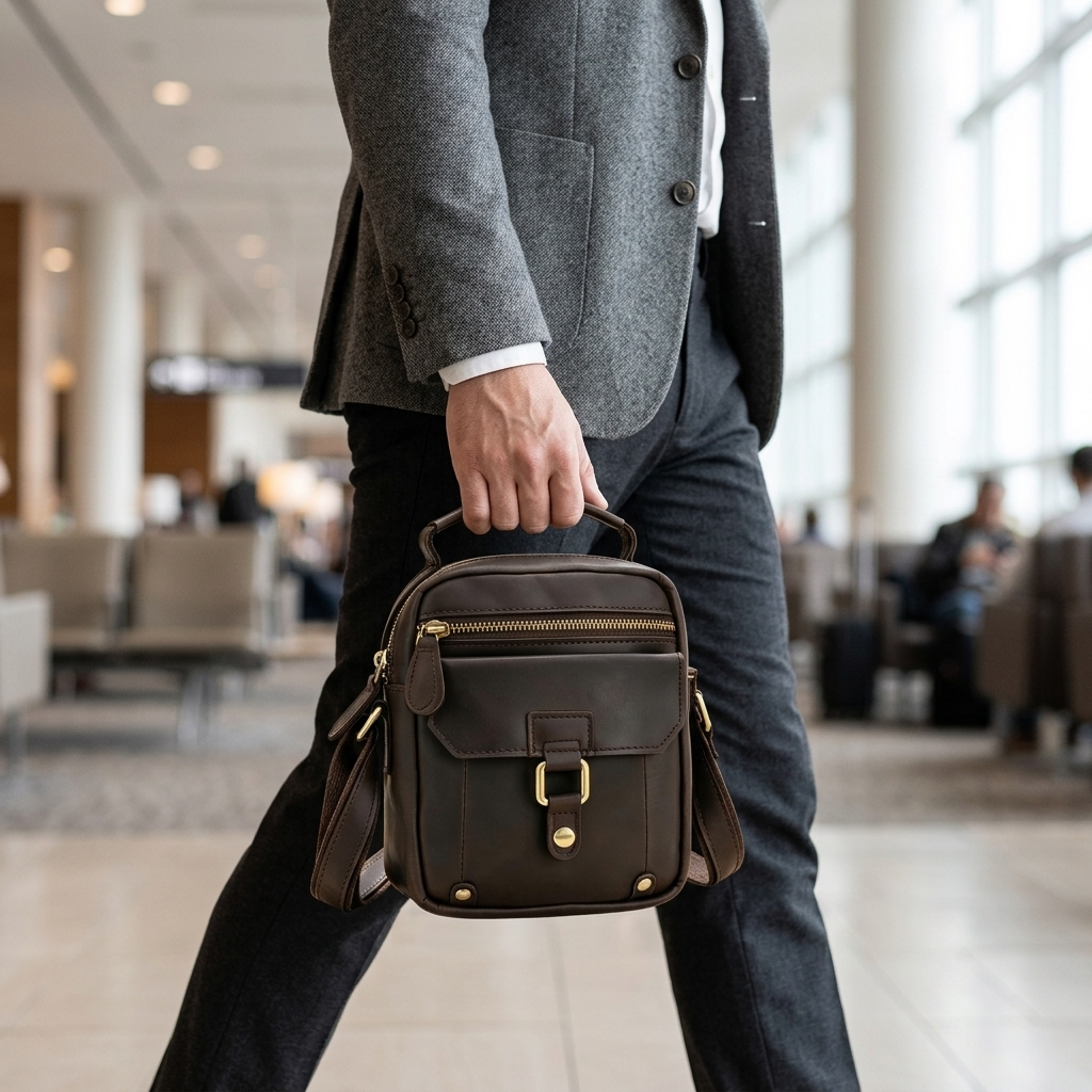 Men's Full-Grain Leather Mini Messenger Bag with Top Handle — carried by the handle by a man in a grey blazer