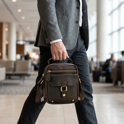 Men's Full-Grain Leather Mini Messenger Bag with Top Handle — carried by the handle by a man in a grey blazer
