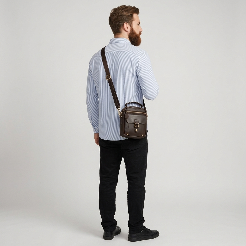 Men's Full-Grain Leather Mini Messenger Bag with Top Handle — carried on the shoulder by a man in a striped shirt, rear three-quarter view