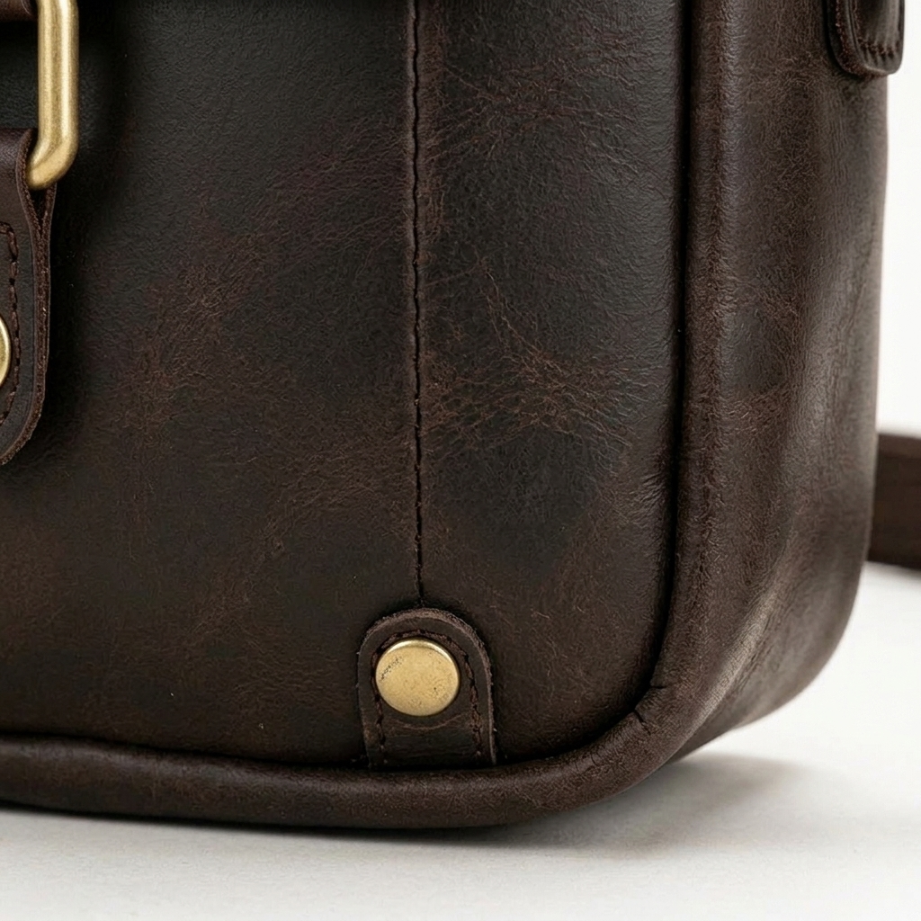 Men's Full-Grain Leather Mini Messenger Bag with Top Handle — close-up of the leather corner and stitching