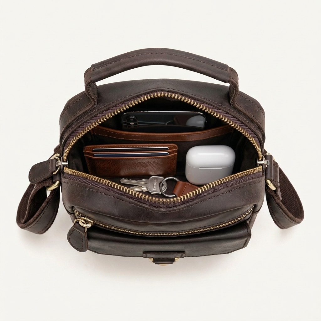 Men's Full-Grain Leather Mini Messenger Bag with Top Handle — open from above with a phone, wallet, keys and earbuds case inside
