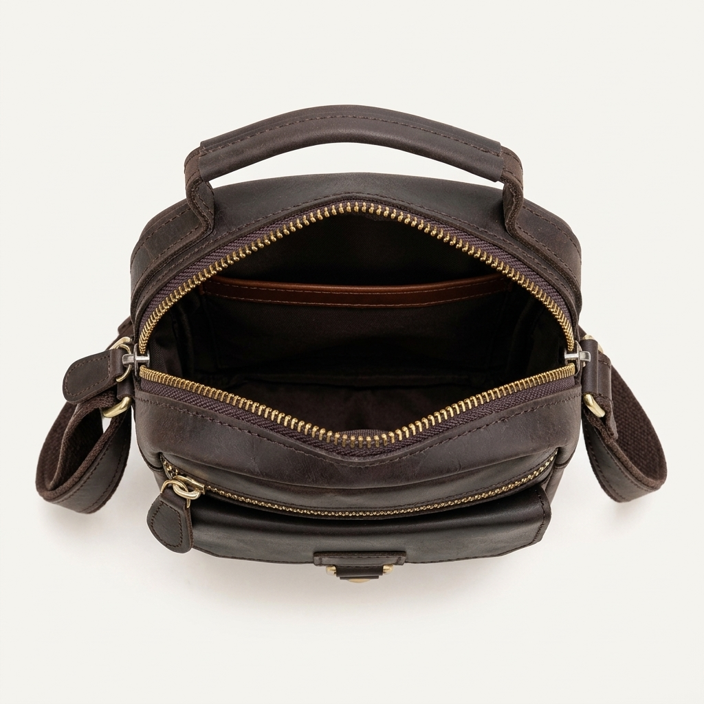 Men's Full-Grain Leather Mini Messenger Bag with Top Handle — open from above, empty interior