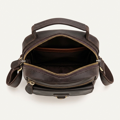 Men's Full-Grain Leather Mini Messenger Bag with Top Handle — open from above, empty interior