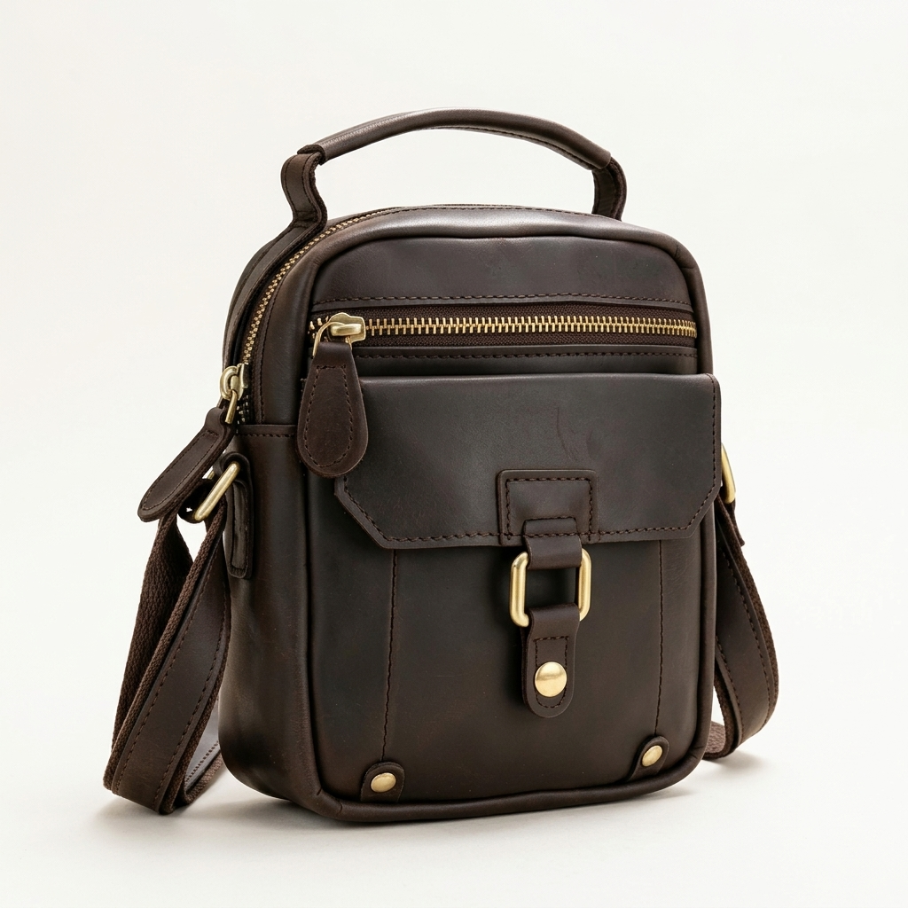 Men's Full-Grain Leather Mini Messenger Bag with Top Handle — three-quarter front view