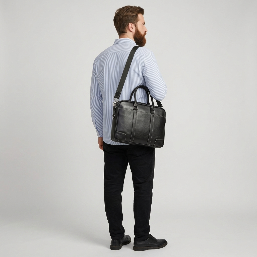 Men's Full-Grain Leather Slim Business Briefcase — carried on the shoulder by a man in a striped shirt, rear three-quarter view