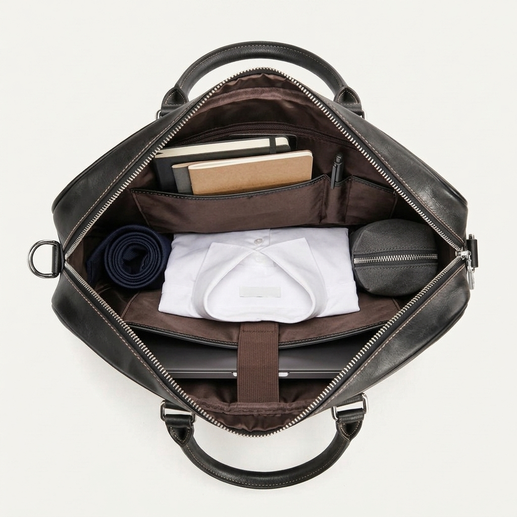 Men's Full-Grain Leather Slim Business Briefcase — open from above with a shirt, notebooks and a laptop inside