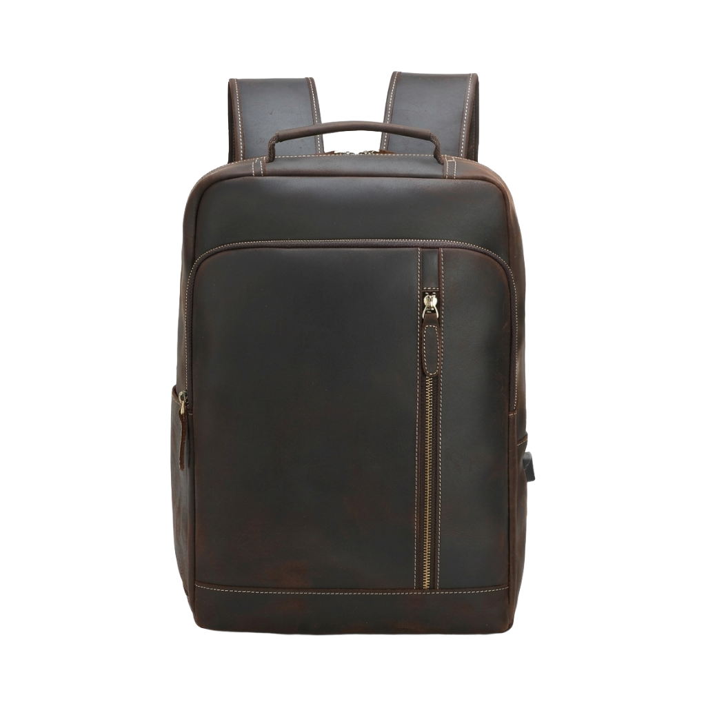 Men's Full-Grain Leather Slim Commuter Backpack — front view in Dark Brown
