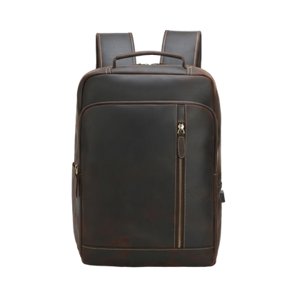 Men's Full-Grain Leather Slim Commuter Backpack — front view in Dark Brown
