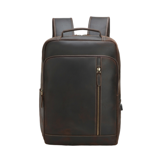 Men's Full-Grain Leather Slim Commuter Backpack — front view in Dark Brown