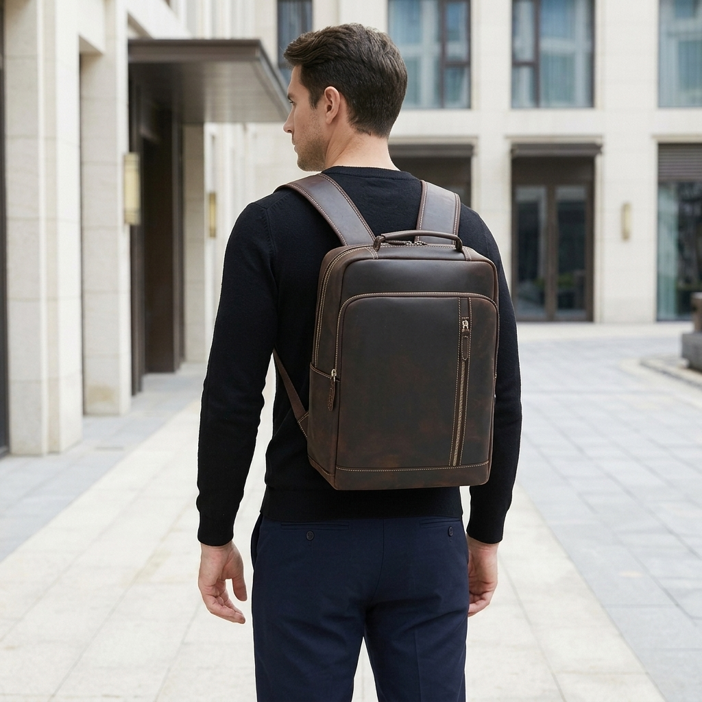 Men's Full-Grain Leather Slim Commuter Backpack — worn on the back by a man in a black knit shirt, rear view