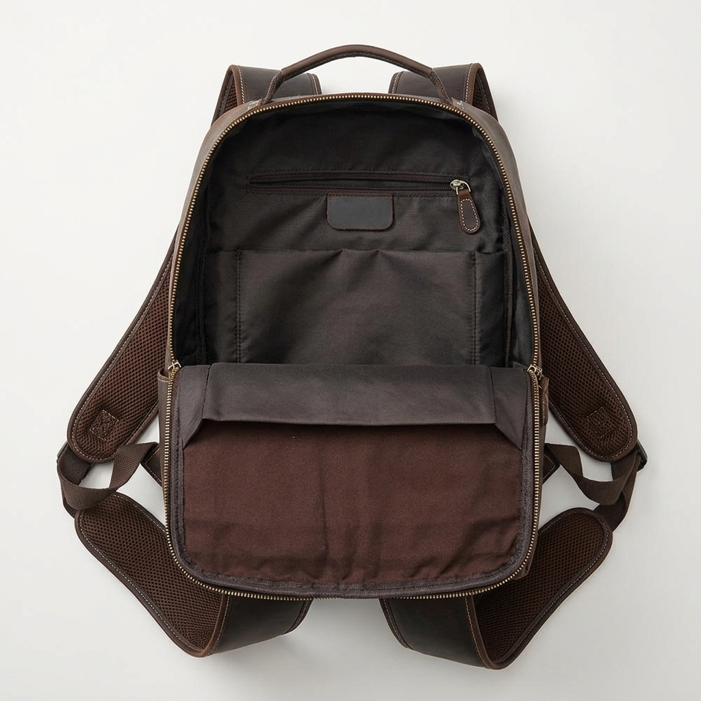 Men's Full-Grain Leather Slim Commuter Backpack — open from above, empty interior