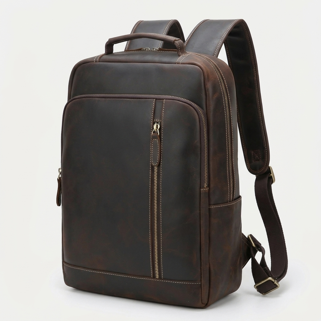 Men's Full-Grain Leather Slim Commuter Backpack — three-quarter front view