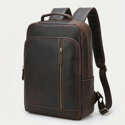 Men's Full-Grain Leather Slim Commuter Backpack — three-quarter front view
