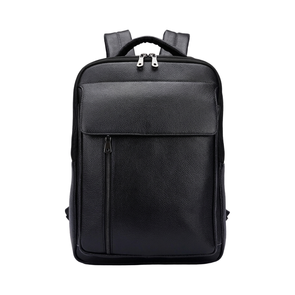 Men's Full-Grain Leather Slim Laptop Backpack — front view in Black