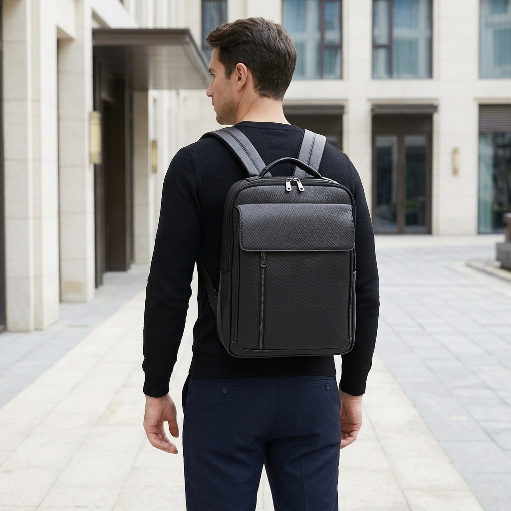 Men's Full-Grain Leather Slim Laptop Backpack — worn on the back by a man in a black knit shirt, rear view