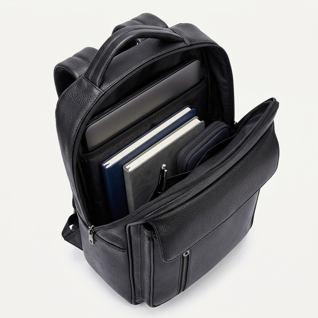 Men's Full-Grain Leather Slim Laptop Backpack — open with a laptop, notebooks, a pouch and a pen inside