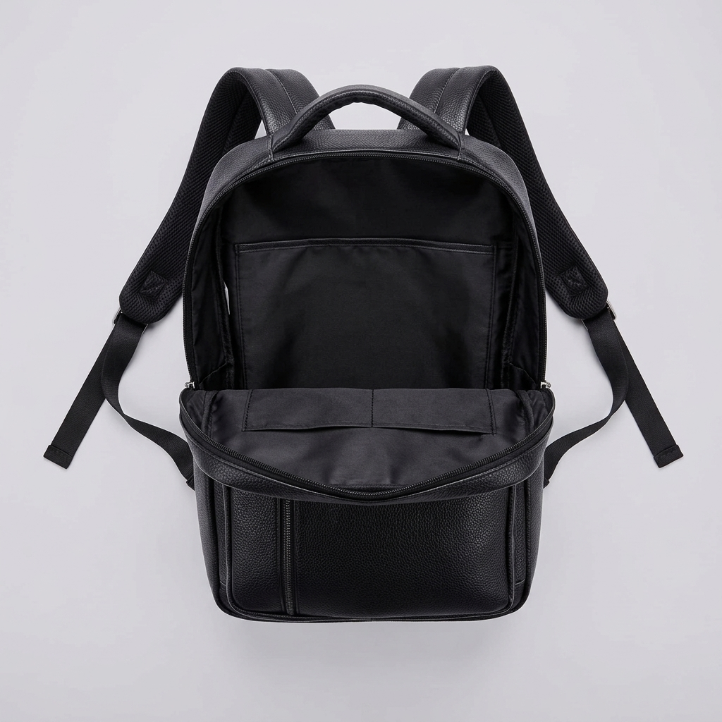 Men's Full-Grain Leather Slim Laptop Backpack — open from above, empty interior