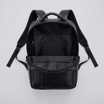 Men's Full-Grain Leather Slim Laptop Backpack — open from above, empty interior