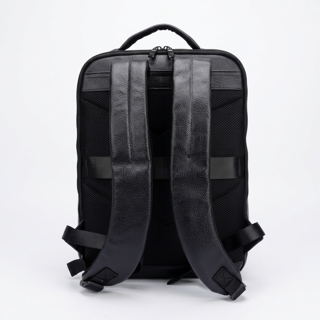 Men's Full-Grain Leather Slim Laptop Backpack — back panel and shoulder straps