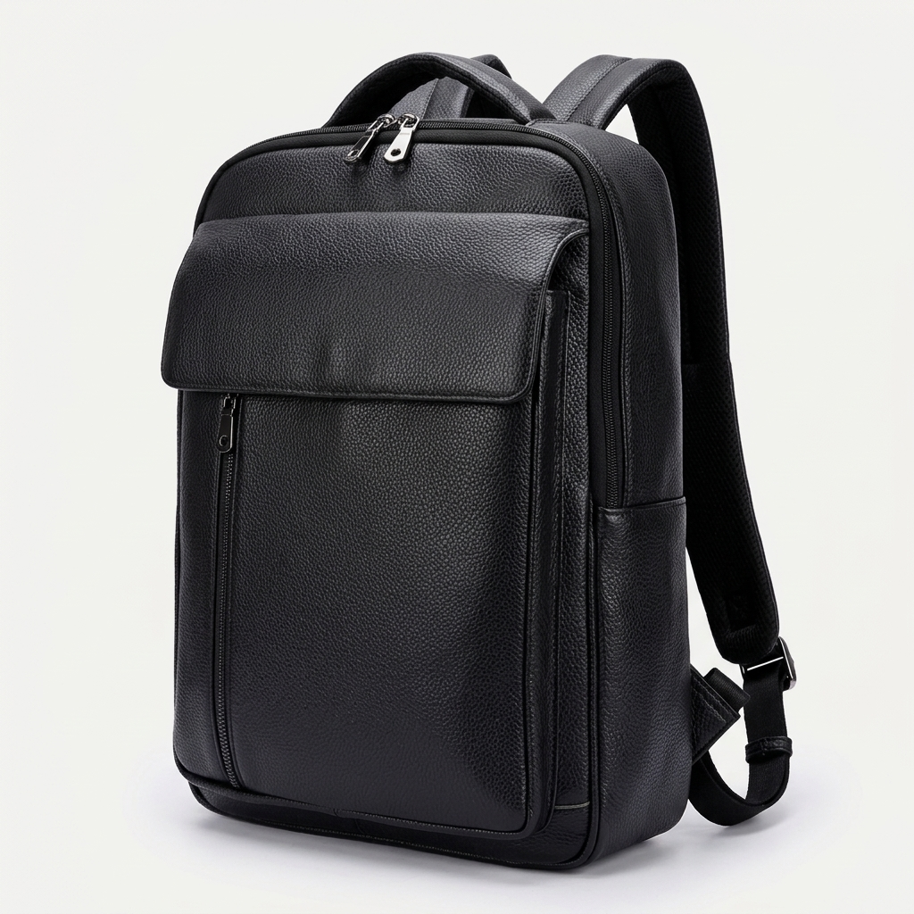 Men's Full-Grain Leather Slim Laptop Backpack — three-quarter front view