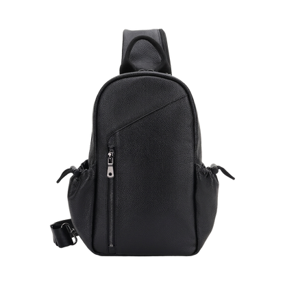 Men's Full-Grain Leather Sling Bag with Side Pockets — front view in Black