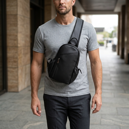 Men's Full-Grain Leather Sling Bag with Side Pockets — worn crossbody by a man in a grey T-shirt