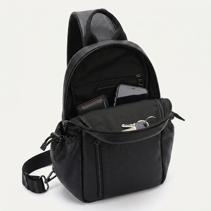 Men's Full-Grain Leather Sling Bag with Side Pockets — open with a phone, card holder and keys inside