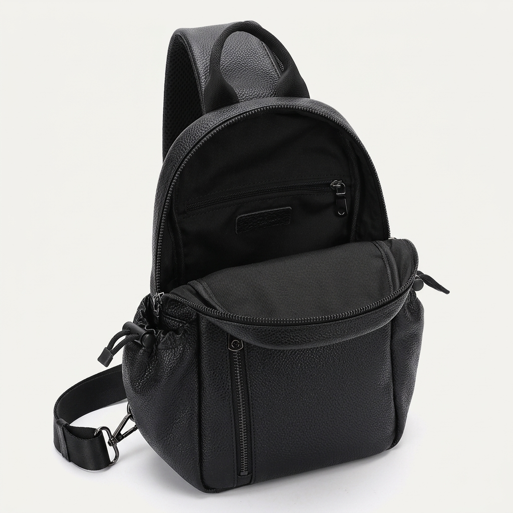 Men's Full-Grain Leather Sling Bag with Side Pockets — open main compartment, empty