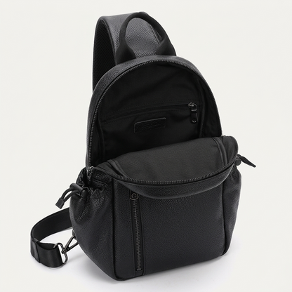 Men's Full-Grain Leather Sling Bag with Side Pockets — open main compartment, empty