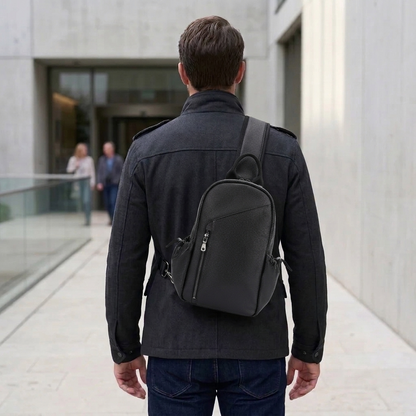 Men's Full-Grain Leather Sling Bag with Side Pockets — worn on the back, rear view