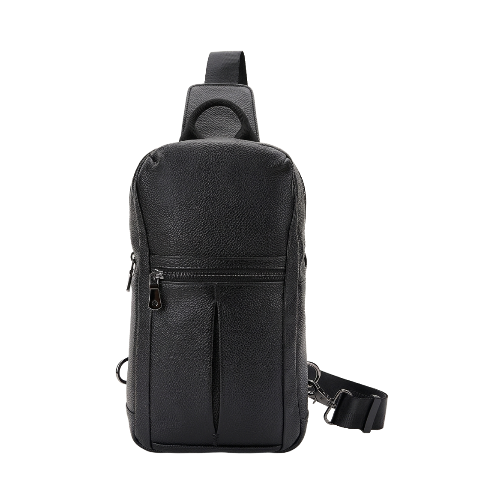 Men's Full-Grain Leather Sling Chest Bag — front view in Black