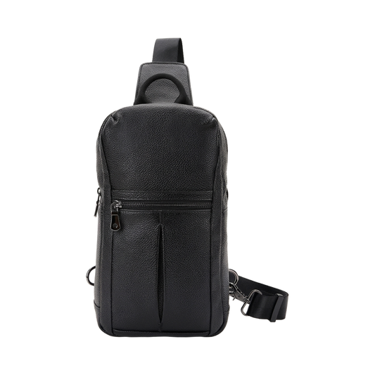 Men's Full-Grain Leather Sling Chest Bag — front view in Black