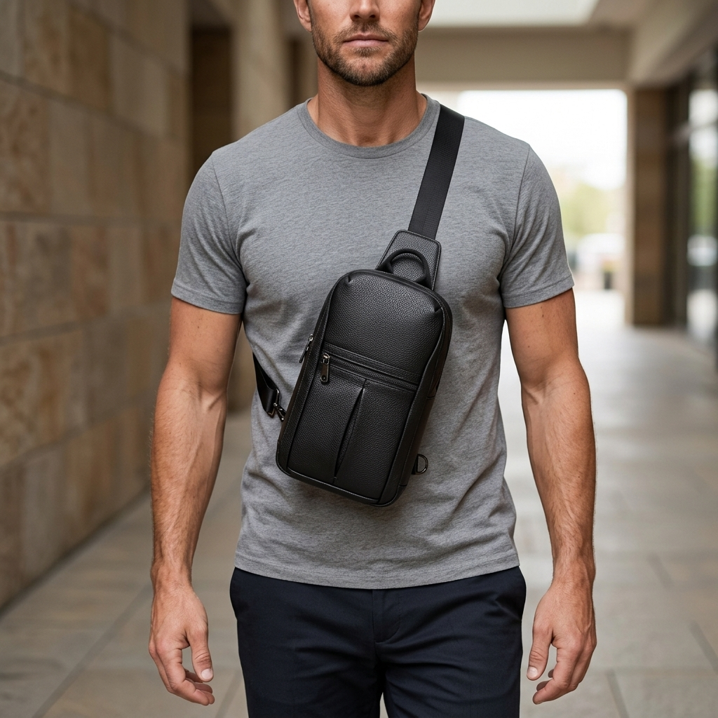 Men's Full-Grain Leather Sling Chest Bag — worn crossbody by a man in a grey T-shirt