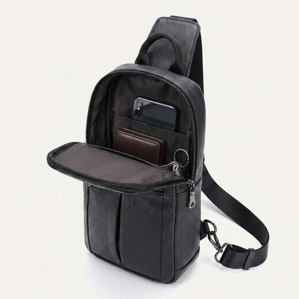 Men's Full-Grain Leather Sling Chest Bag — open with a phone, card holder and keys inside