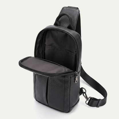 Men's Full-Grain Leather Sling Chest Bag — open main compartment, empty