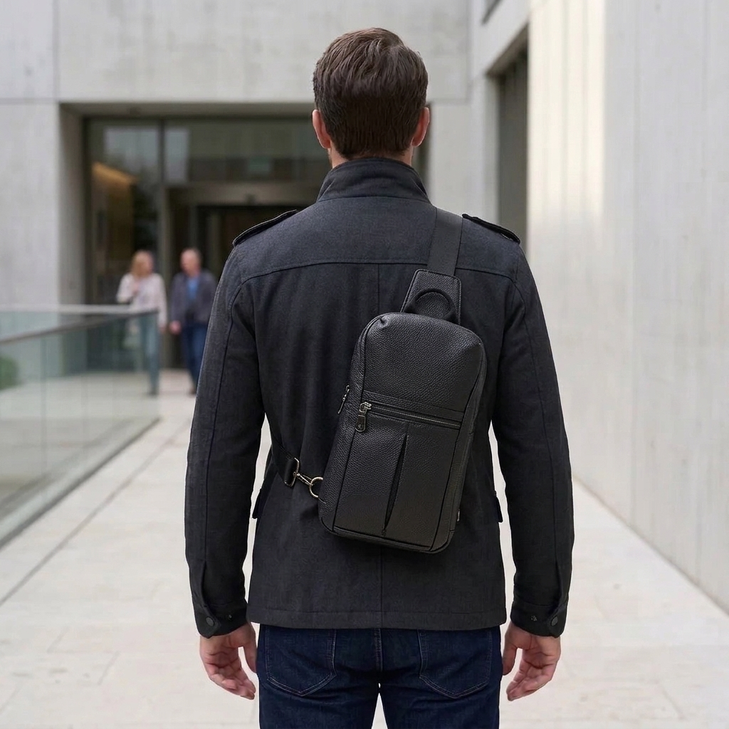 Men's Full-Grain Leather Sling Chest Bag — worn on the back, rear view