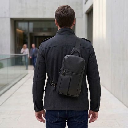 Men's Full-Grain Leather Sling Chest Bag — worn on the back, rear view