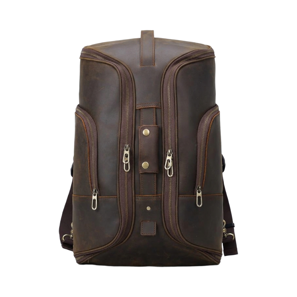 Men's Full-Grain Leather Travel Backpack with Hideaway Straps — front view in Dark Brown