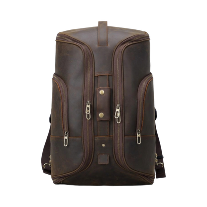 Men's Full-Grain Leather Travel Backpack with Hideaway Straps — front view in Dark Brown