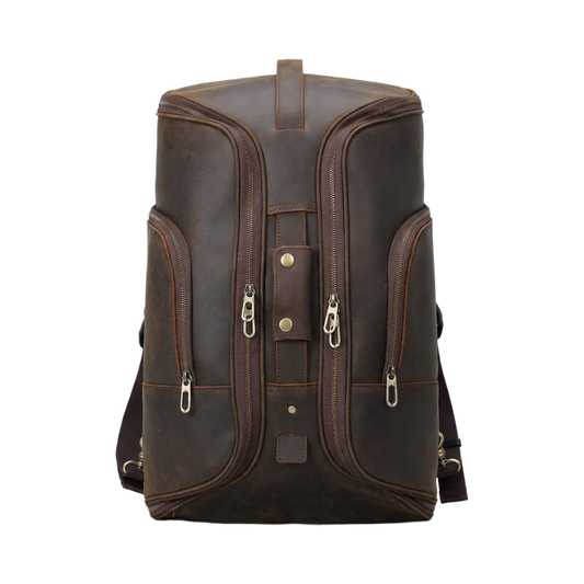 Men's Full-Grain Leather Travel Backpack with Hideaway Straps — front view in Dark Brown