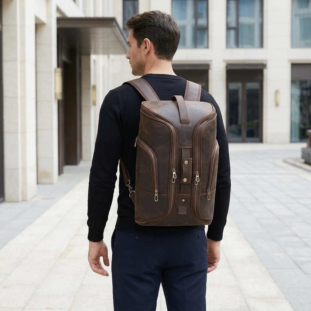 Men's Full-Grain Leather Travel Backpack with Hideaway Straps — worn on the back by a man in a black knit shirt, rear view