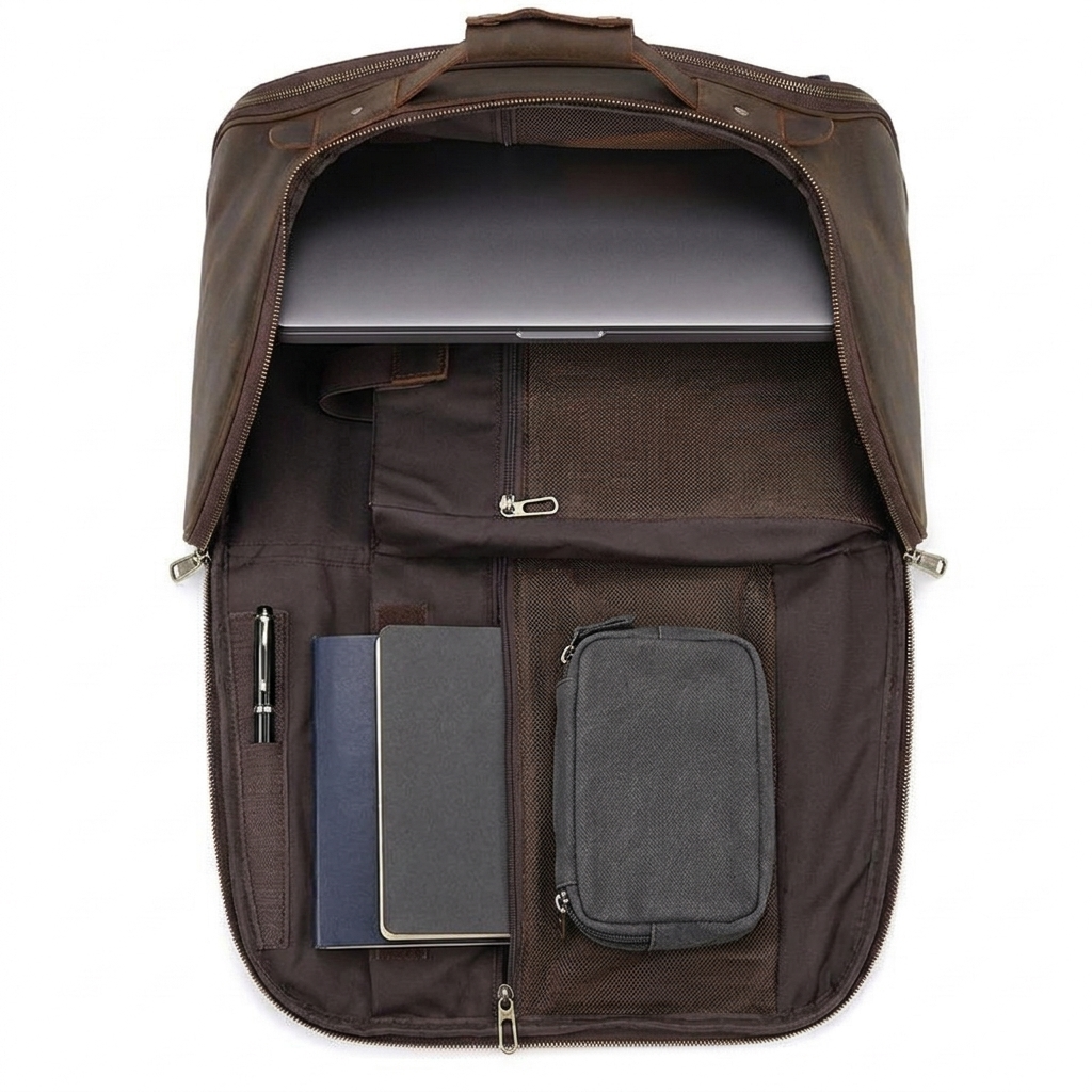 Men's Full-Grain Leather Travel Backpack with Hideaway Straps — open with a laptop, notebooks, a pouch and a pen inside