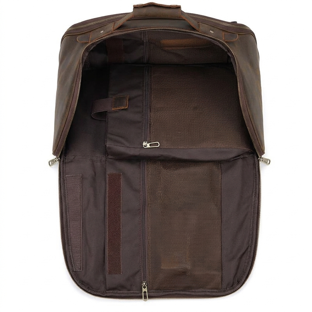 Men's Full-Grain Leather Travel Backpack with Hideaway Straps — open from above, empty interior