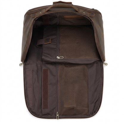 Men's Full-Grain Leather Travel Backpack with Hideaway Straps — open from above, empty interior