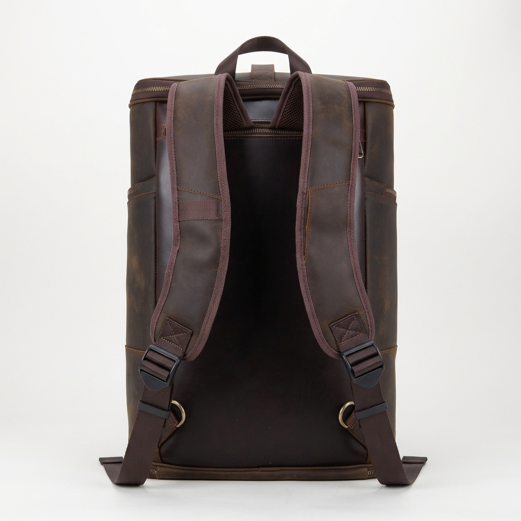 Men's Full-Grain Leather Travel Backpack with Hideaway Straps — back panel and shoulder straps