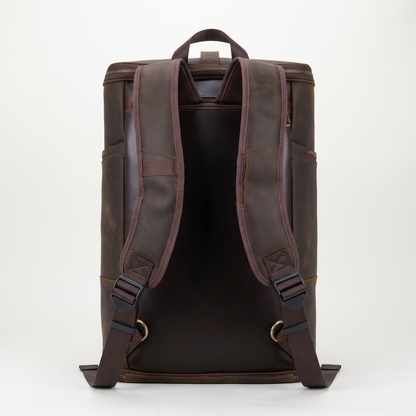 Men's Full-Grain Leather Travel Backpack with Hideaway Straps — back panel and shoulder straps