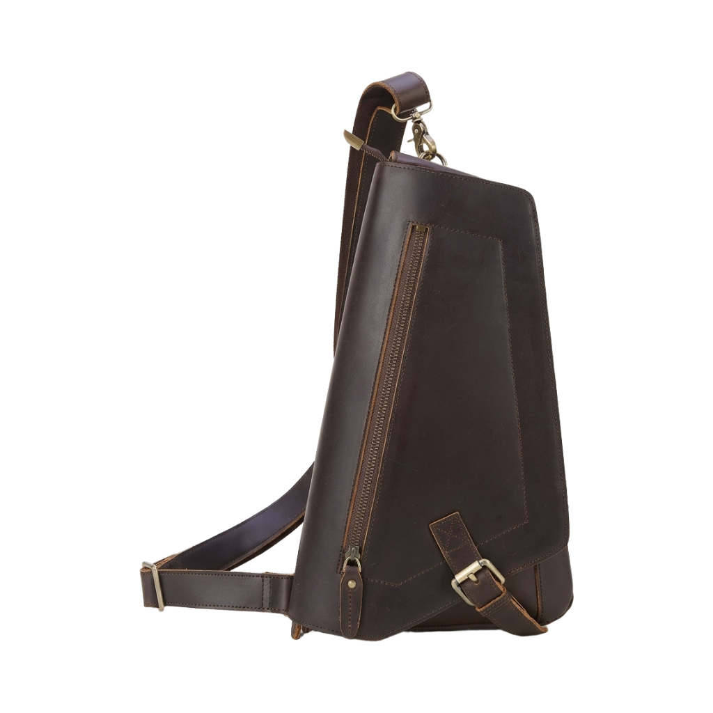 Men's Full-Grain Leather Triangle Sling Bag — front view in Dark Brown