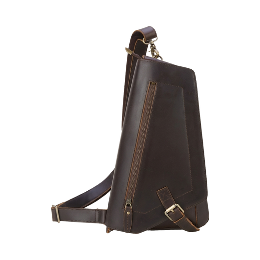 Men's Full-Grain Leather Triangle Sling Bag — front view in Dark Brown