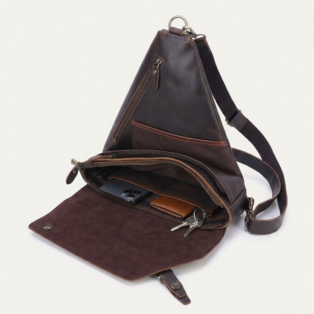 Men's Full-Grain Leather Triangle Sling Bag — open with a phone, card holder and keys inside