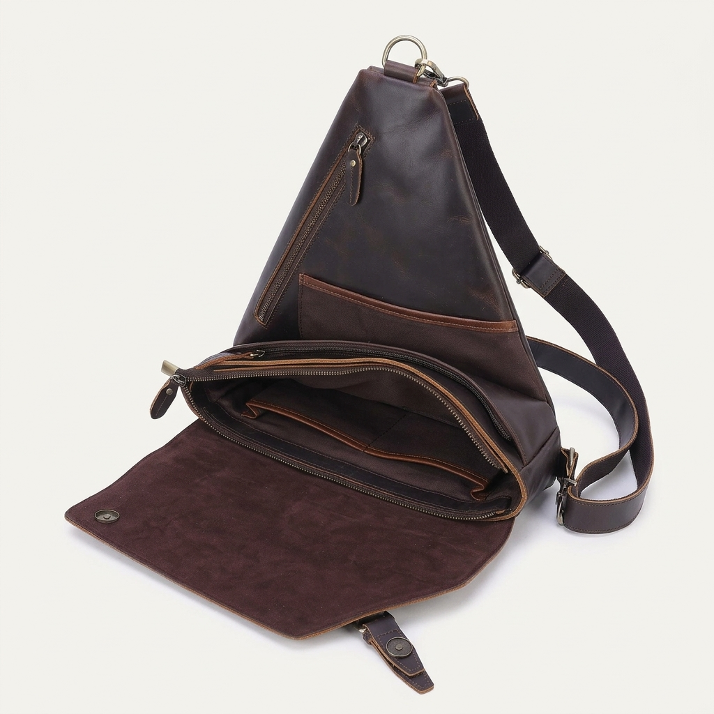 Men's Full-Grain Leather Triangle Sling Bag — open main compartment, empty